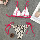 Red Leopard Patchwork Low Waist Swimsuit Padded Bra Bikini Set