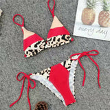 Red Leopard Patchwork Low Waist Swimsuit Padded Bra Bikini Set
