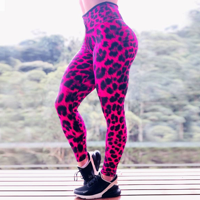 Rose Leopard Print Women Leggings Ventilation Run Sports Pants