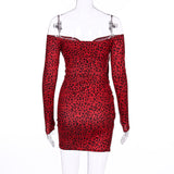 Red Leopard Print Off Shoulder Dress