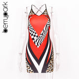 Red Leopard Plaid Print Fashion Strap Mini Dress Women Slim Sleeveless Backless Bodycon Summer Dress