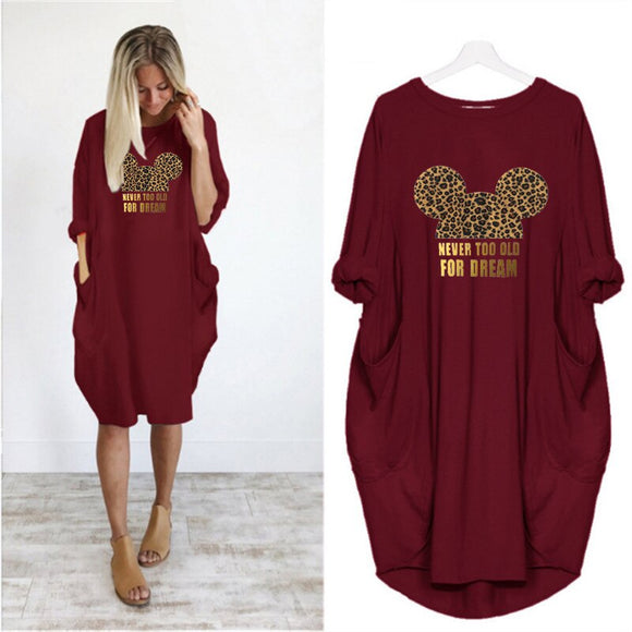 Dress Women  Printing Pocket Loose Dresses Vintage Red Leopard Dress