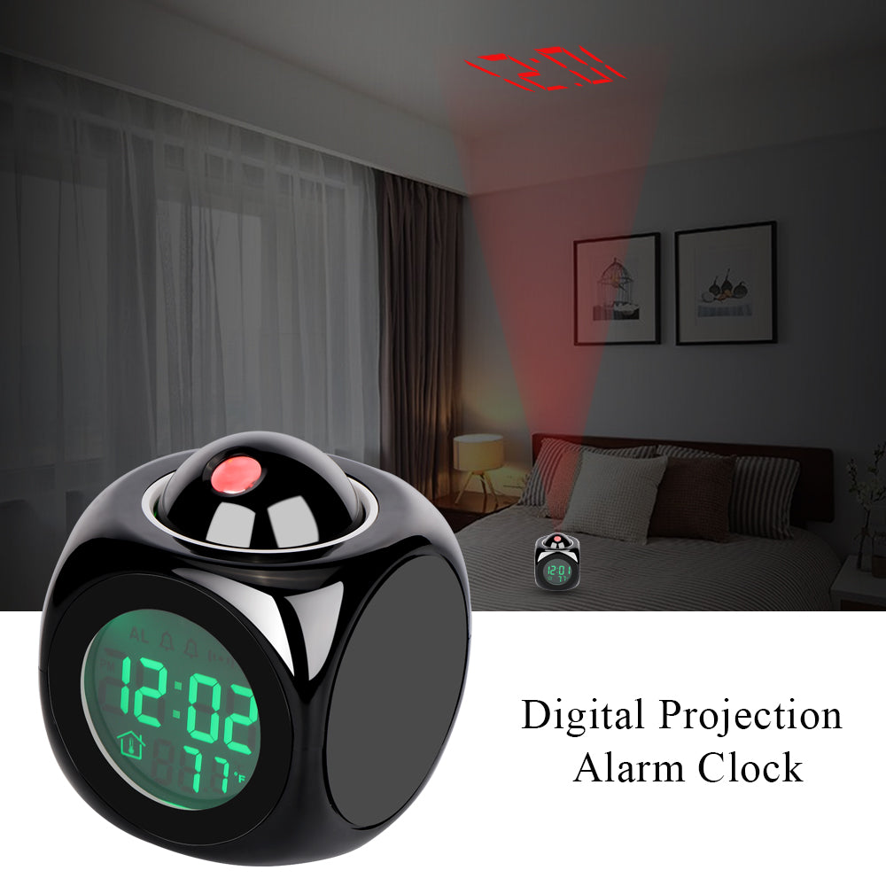 Smart Alarm Clock LCD Display Digital Projection Voice Alarm Clock Support Backlight Snooze Function Cube LED Desk Clock Display Time Thermometer