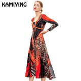 Red Leopard Silk Spring Dress Sexy V Neck 2019