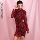 High Collar Loose Upper Body Pleated Decoration Red Leopard Chiffon  Party Dress