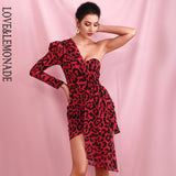 Sexy Red Leopard One Shoulder Puff Sleeve
