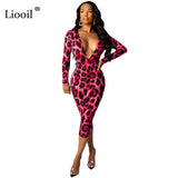 Red Leopard Print Sexy Midi Dress Women 2019 Fall Winter Long S