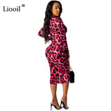 Red Leopard Print Sexy Midi Dress Women 2019 Fall Winter Long S