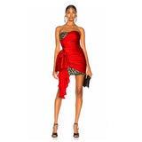 New Summer Dress 2020 Sexy Off Shoulder Leopard Dress Red Satin Strapless Elegant