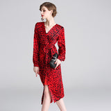 Red Leopard Dress Vetement Femme 2019 Woman Long Sleeve V neck Midi