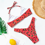 Red Leopard Bikini High Cut Swimwear Women Halter Low Waist Swimsuit