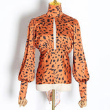 Red Leopard Shirt Turtleneck Lantern Long Sleeve Backless Hollow Out Blouses
