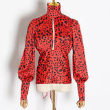 Red Leopard Shirt Turtleneck Lantern Long Sleeve Backless Hollow Out Blouses