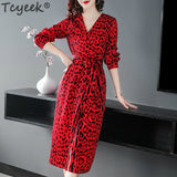 Red Leopard Dress Women Sexy V Neck Dress