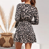 Women Loose Casual Mini Dress Leopard Print Wrap V Neck Long Sleeve Party Dress
