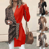 Women V Neck Long Sleeve Red Leopard Print Contrast Color Knotted Jacket Casual Suit