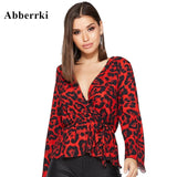 Womens Tops and Blouses Sexy V neck Red Leopard Print Long Sleeve Shirt Party Streetwear