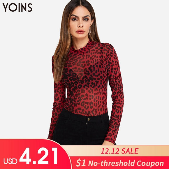 Red Leopard Print Blouses Shirts 2019 Spring Autumn Mesh See through Long Sleeve Blusas Tops Sexy Bodycon Pullovers