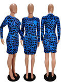 Sexy leopard long sleeve mini dress with pockets autumn winter green blue red