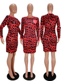 Sexy leopard long sleeve mini dress with pockets autumn winter green blue red