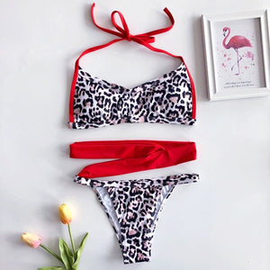 Red Leopard Swimsuit 2019 Red Push Up Bandeau Bikini Bandage Sexy Wrap Bottom Swimwear 2 Piece Micro High Waisted Bathing Suit Women