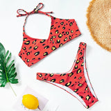 Red Leopard Bikini High Cut Swimwear Women Halter Low Waist Swimsuit