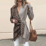 Women V Neck Long Sleeve Red Leopard Print Contrast Color Knotted Jacket Casual Suit