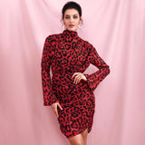 High Collar Loose Upper Body Pleated Decoration Red Leopard Chiffon  Party Dress