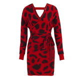Sexy V neck Leopard Knitted Women Sweater Dress Red Slim Wrap Dress Autumn Winter