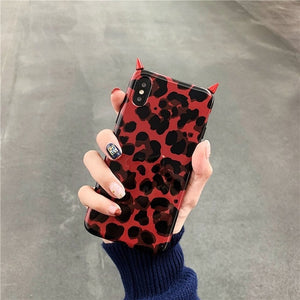 Leopard devil horn phone case for iphone Xs Max /XS/XR tpu 7/8 6/6S 7/8plus(Red/brown)