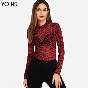 Red Leopard Print Blouses Shirts 2019 Spring Autumn Mesh See through Long Sleeve Blusas Tops Sexy Bodycon Pullovers