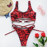 Red Leopard Bikini Set Low Waist Swimwear Women Swimsuit