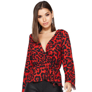 Womens Tops and Blouses Sexy V neck Red Leopard Print Long Sleeve Shirt Party Streetwear