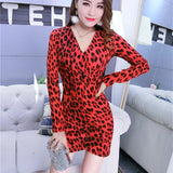Multicolor Sexy V Neck Party Red Leopard Print Cami Long Sleeve Pencil Skinny Club Dress Autumn Night Out Women Dresses S XL